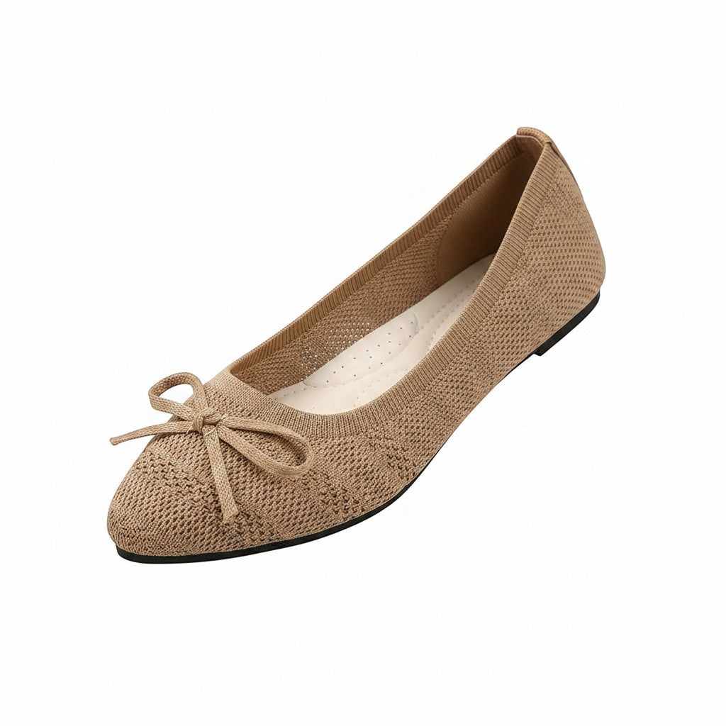 Swiftpick shop beige pointed-toe knitted loafers featuring a delicate front bow and flexible stretch-knit fabric.