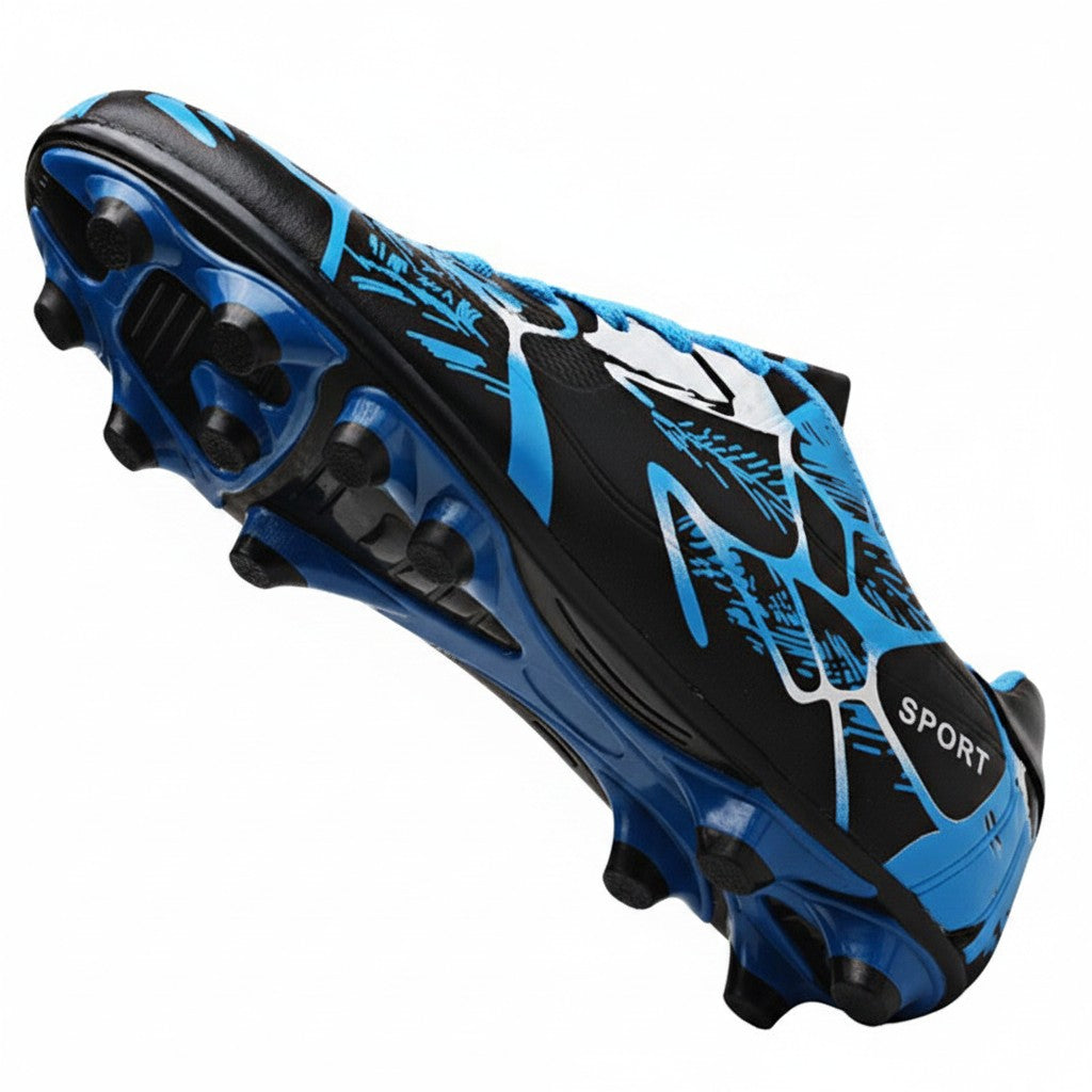 Swiftpick shop Pro-Performance low-top soccer cleats in black and blue with textured synthetic upper and spike studs