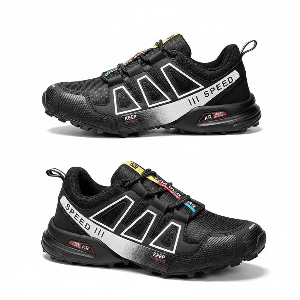 Swiftpick shop ultra-light black trekking shoes with breathable mesh, shock-absorbing midsole, and rugged trail grip.