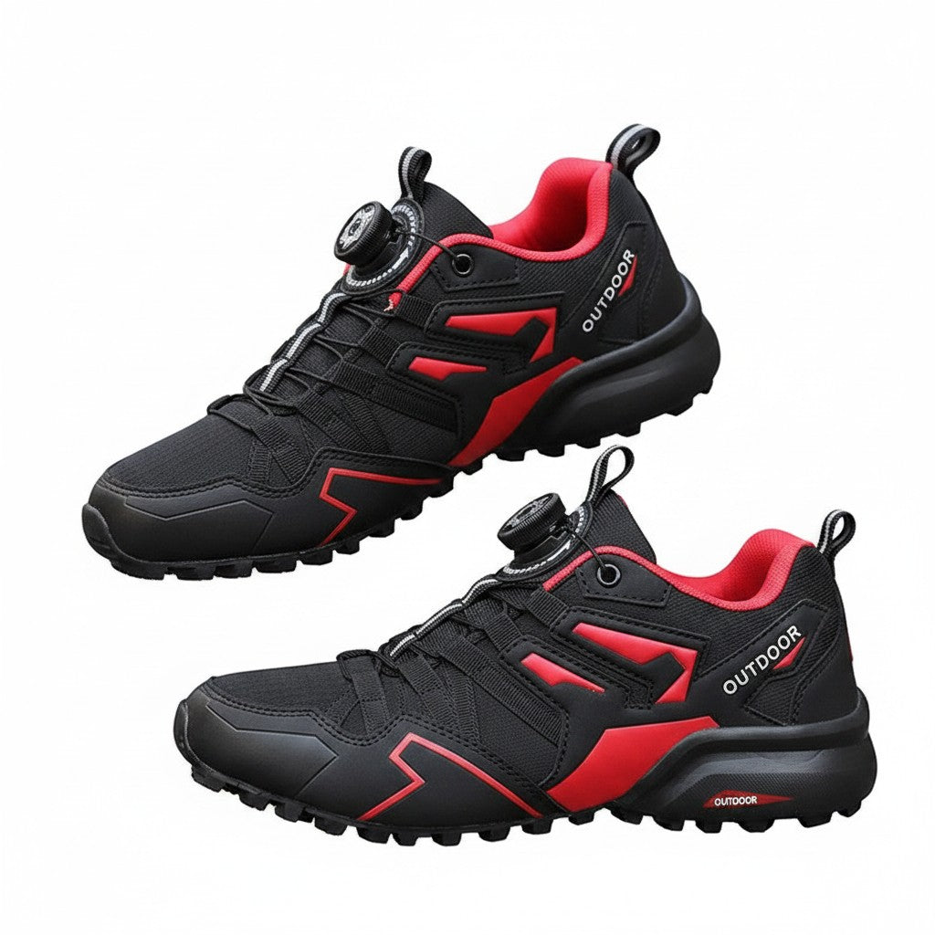 Swiftpick shop all-terrain breathable riding shoes in black and red with a dial lacing system and rugged tread.
