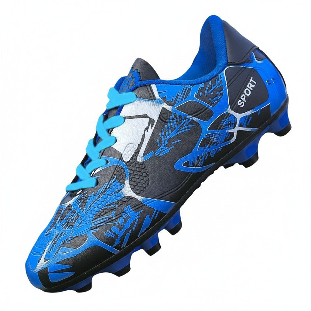 Swiftpick shop Pro-Performance low-top soccer cleats in blue and black with a textured synthetic upper and studs.