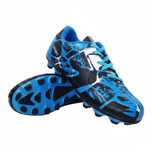 Swiftpick shop Pro-Performance low-top soccer cleats in black and blue with a textured synthetic upper and spike studs.
