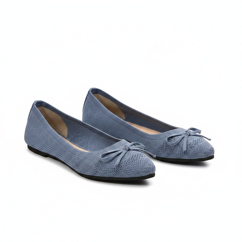 Swiftpick shop blue stretch-knit pointed-toe flat loafers with a delicate front bow detail
