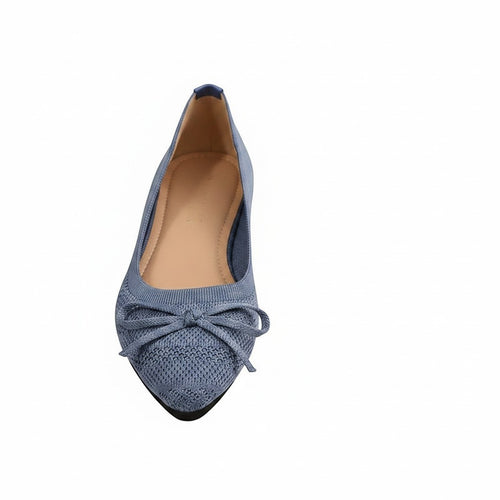 Swiftpick shop blue pointed-toe knitted loafers featuring a delicate front bow and flexible stretch-knit fabric.