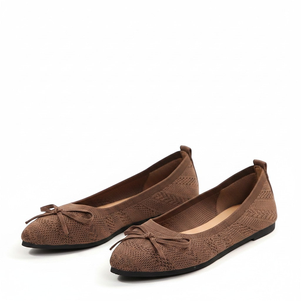 Swiftpick shop brown pointed-toe knitted loafers featuring a delicate front bow and flexible stretch-knit fabric.