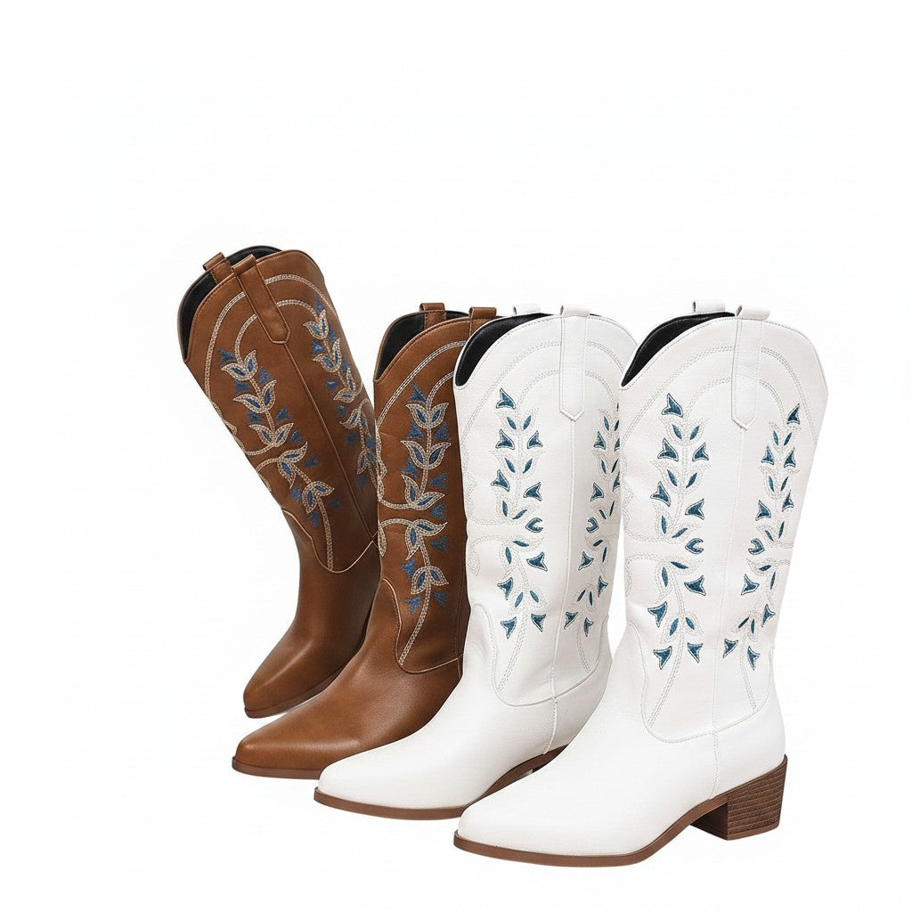 Swiftpick shop pointed Western boots in brown and white leatherette with intricate blue leaf embroidery and chunky heels