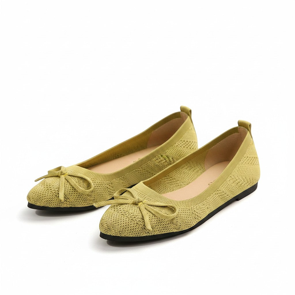Swiftpick shop pointed-toe loafers in lime green stretch-knit fabric with a delicate front bow and flat cushioned sole.
