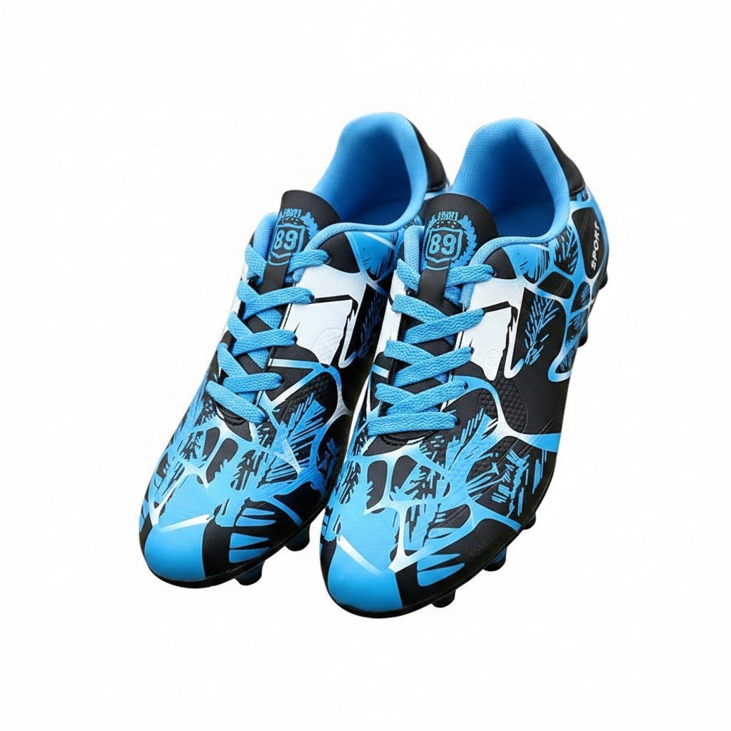 Swiftpick shop Pro-Performance low-top soccer cleats in black and blue with a textured graphic synthetic upper.