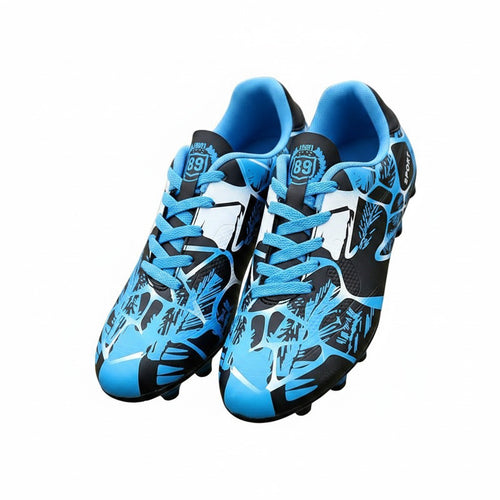 Swiftpick shop Pro-Performance low-top soccer cleats in black and blue with a textured graphic synthetic upper.