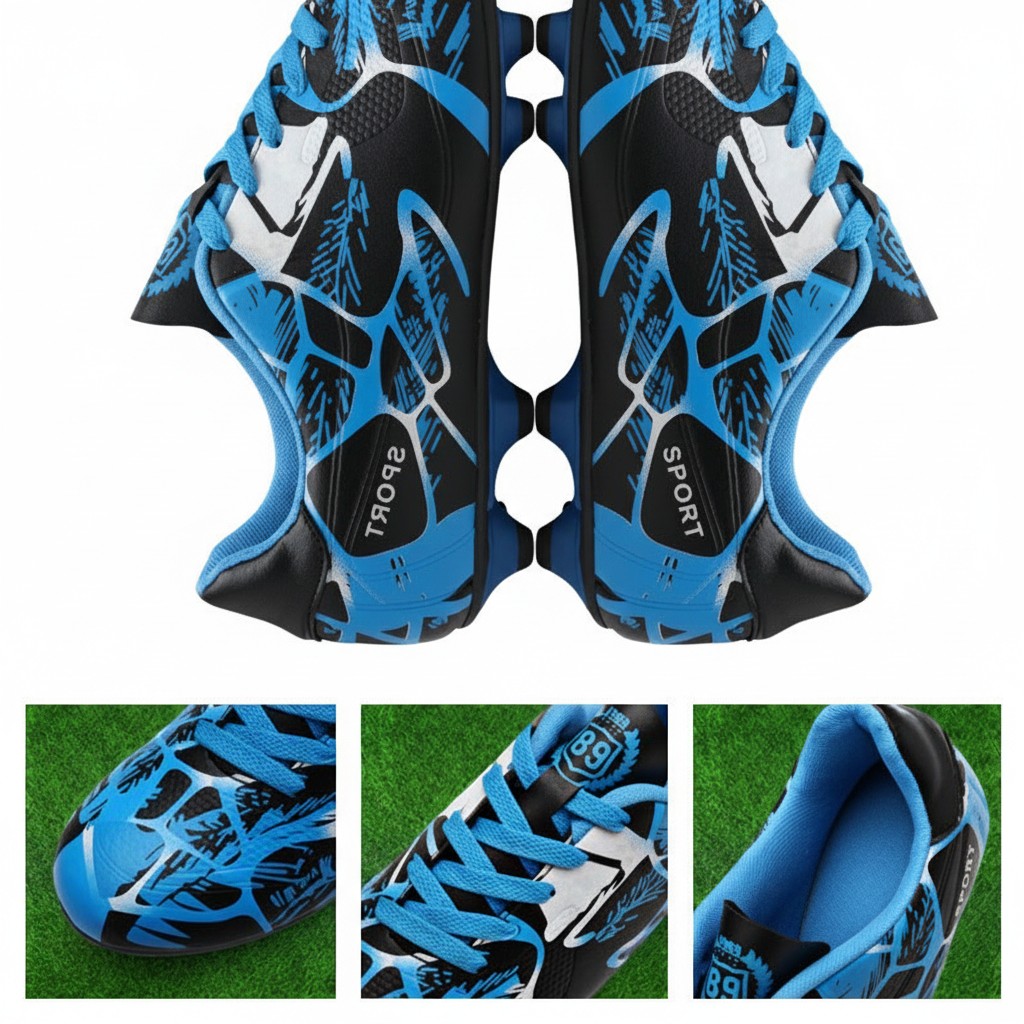 Swiftpick shop Pro-Performance low-top soccer cleats in black and blue with a textured synthetic upper and stud soles.