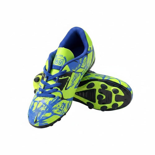 Swiftpick shop Pro-Performance low-top soccer cleats in neon green and blue with a textured synthetic upper.