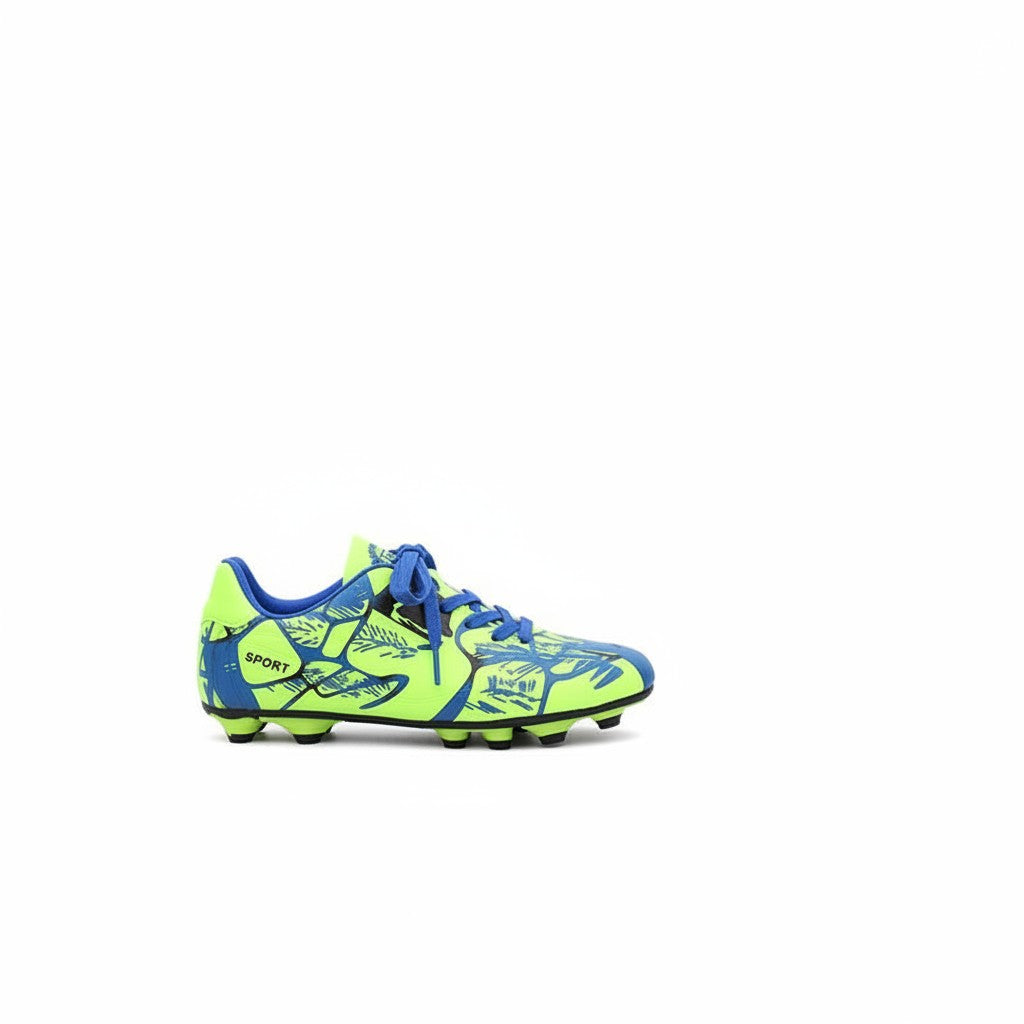 Swiftpick shop Pro-Performance low-top soccer cleats in neon green and blue with textured synthetic upper