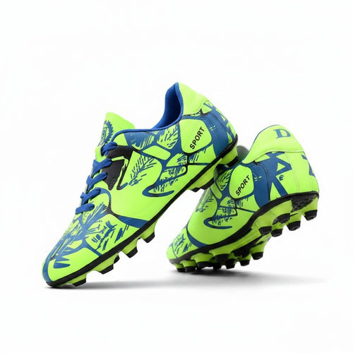 Swiftpick shop Pro-Performance low-top soccer cleats in neon green and blue with textured synthetic upper and spike studs.