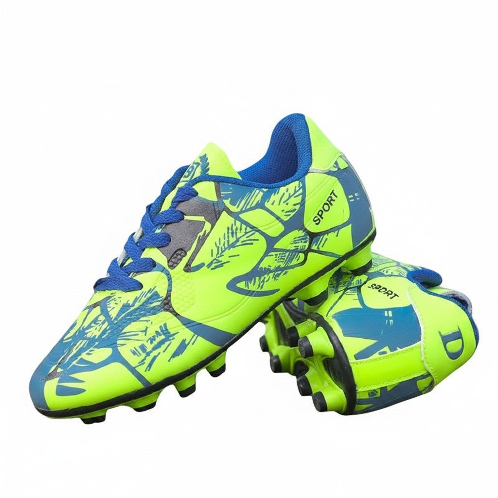 Swiftpick shop Pro-Performance low-top soccer cleats in neon yellow and blue with a textured synthetic upper.
