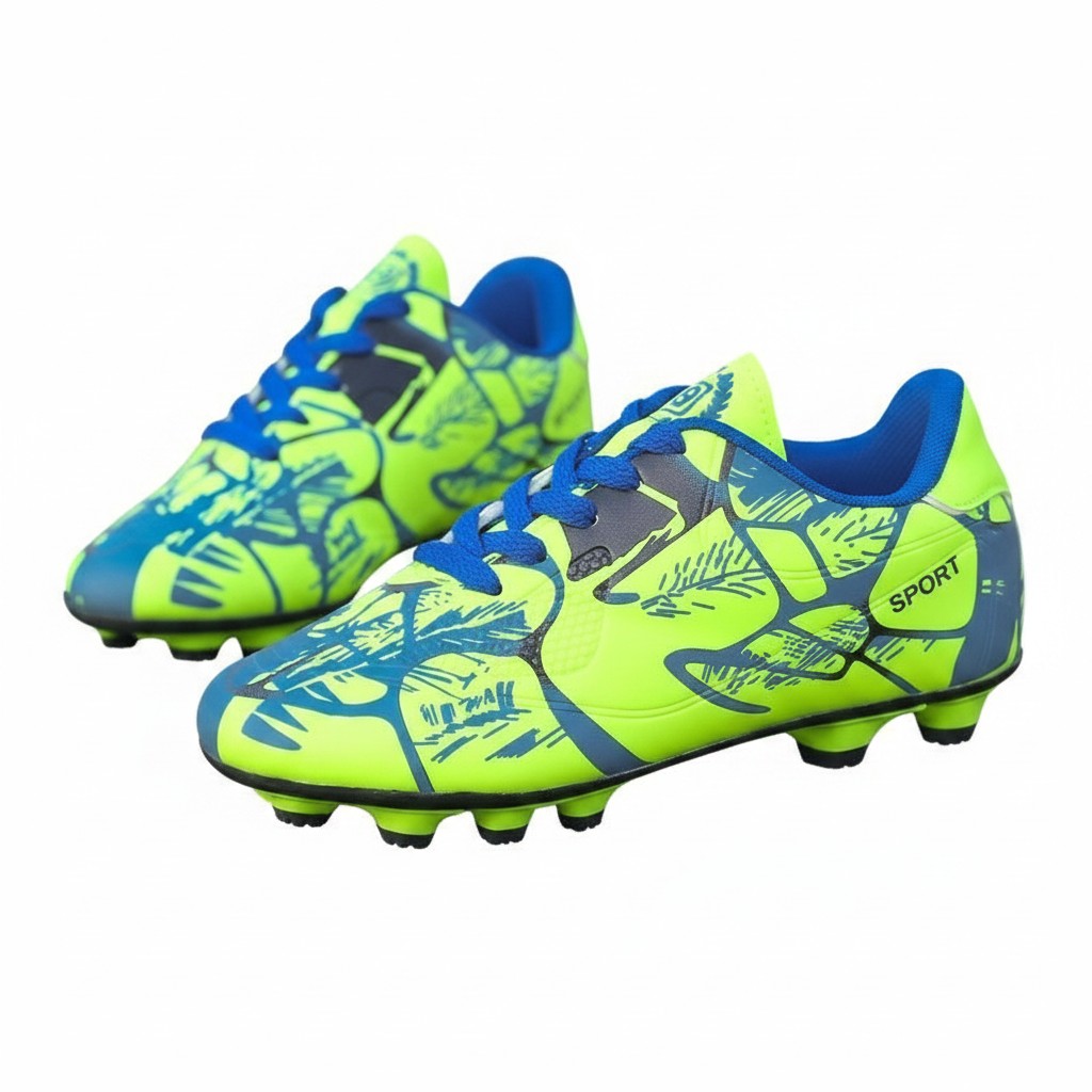 Swiftpick shop Pro-Performance low-top soccer cleats in neon yellow and blue with a textured synthetic graphic pattern.