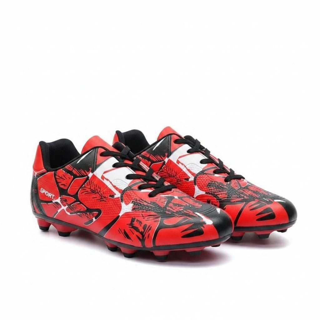 Swiftpick shop Pro-Performance low-top soccer cleats in red and black with a textured graphic synthetic upper.