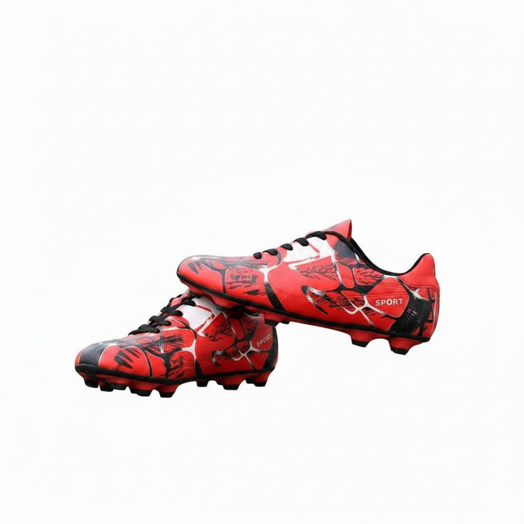 Swiftpick shop Pro-Performance low-top soccer cleats in red and black with a textured synthetic upper and spike studs.