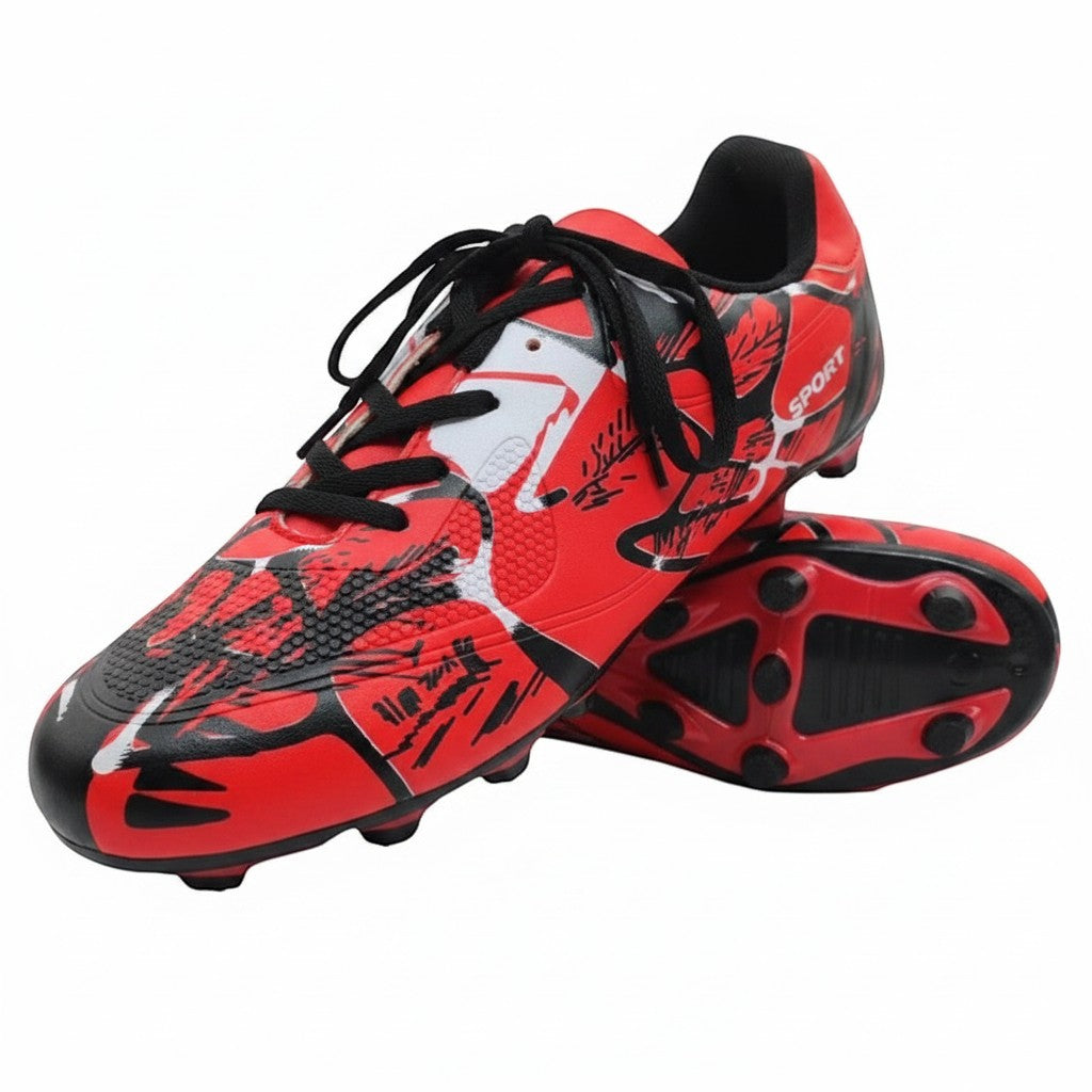 Swiftpick shop Pro-Performance low-top soccer cleats in red and black with a textured synthetic graphic print upper.
