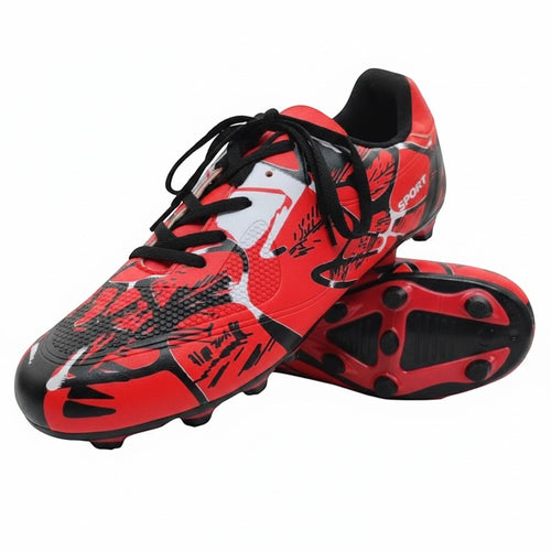 Swiftpick shop Pro-Performance low-top soccer cleats in red and black with a textured synthetic graphic print upper.