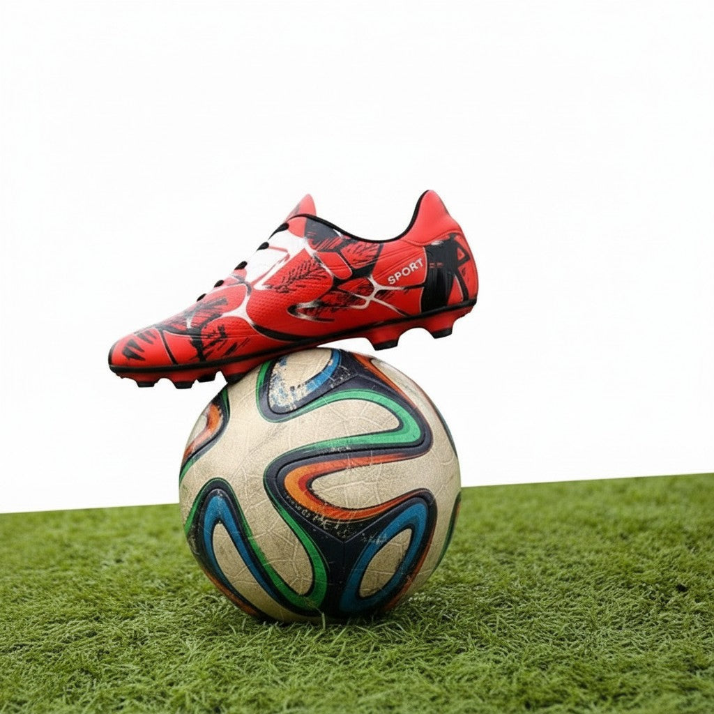 Swiftpick shop Pro-Performance low-top soccer cleats in red with black graphic patterns resting on a soccer ball.